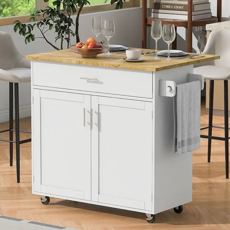 Chariot de cuisine moderne en bois d'hévéa de 39,00 po avec rangement et porte-serviettes