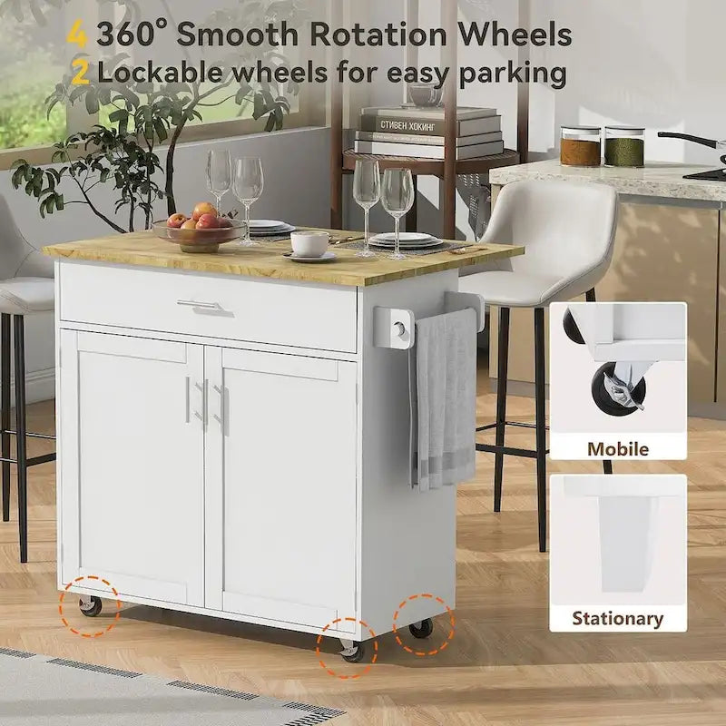 Chariot de cuisine moderne en bois d'hévéa de 39,00 po avec rangement et porte-serviettes