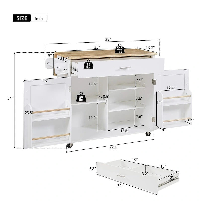 Chariot de cuisine moderne en bois d'hévéa de 39,00 po avec rangement et porte-serviettes