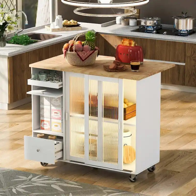 Desserte de cuisine à éclairage LED avec abattant et étagère réglable