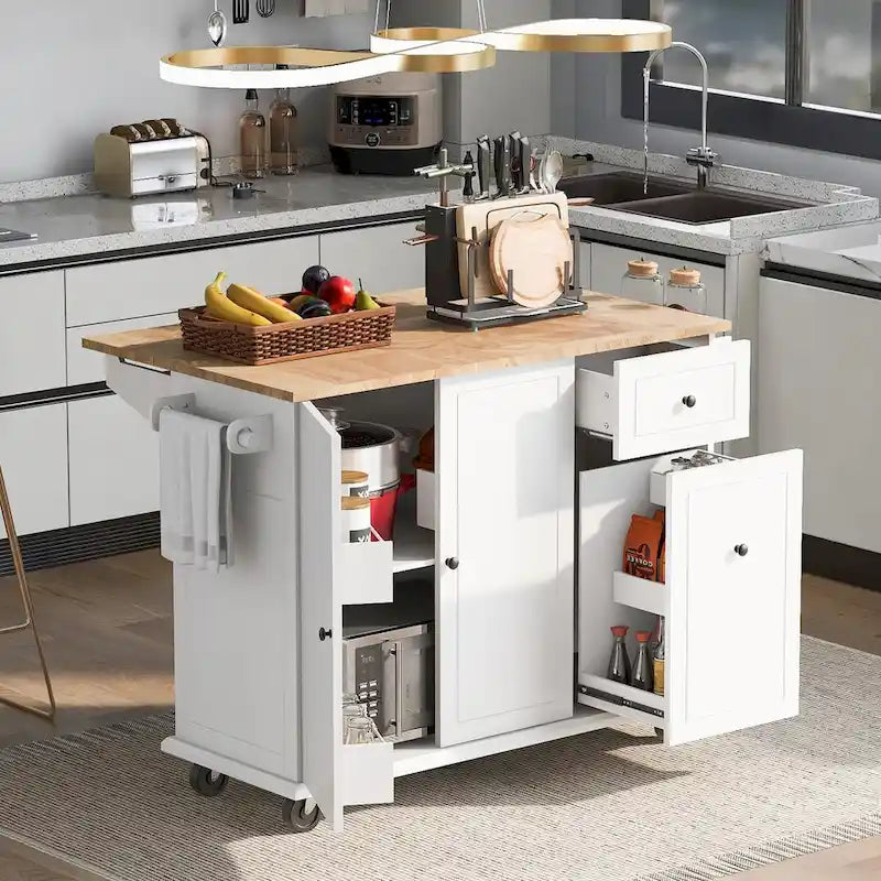 53.9 Chariot d'îlot de cuisine avec abattant sur roulettes