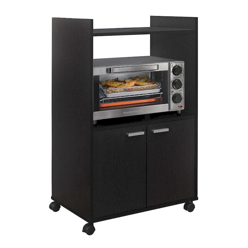Chariot de cuisine micro-ondes à 2 portes avec étagères de rangement, Noir