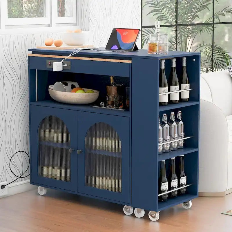 Chariot de cuisine îlot avec lumières LED, table extensible et prises électriques
