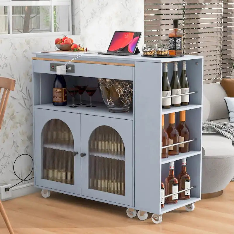 Chariot de cuisine îlot avec lumières LED, table extensible et prises électriques