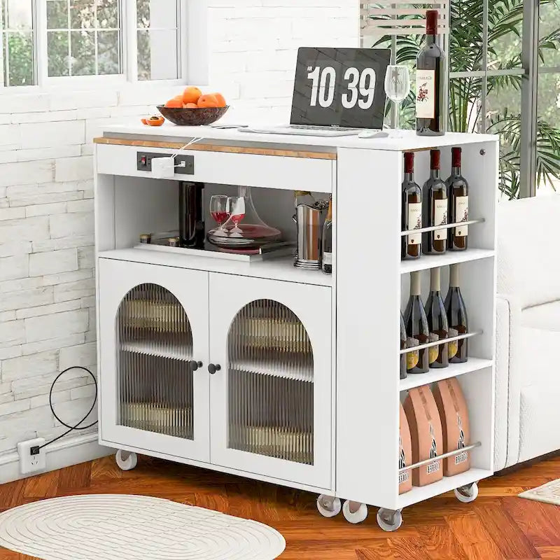 Chariot de cuisine îlot avec lumières LED, table extensible et prises électriques
