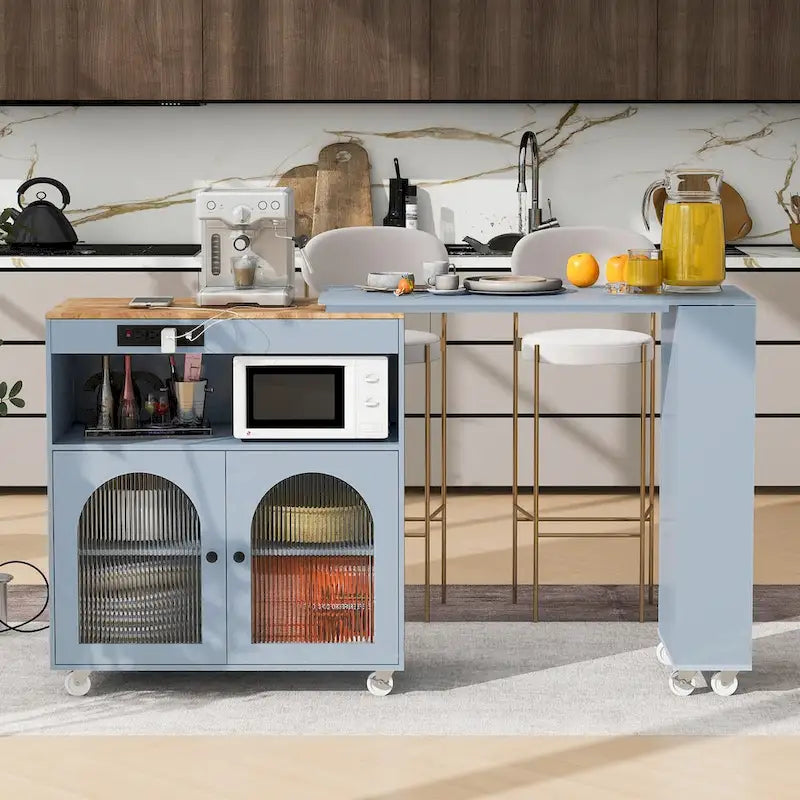 LED Lights Kitchen Island Cart With Extended Table and Power Outlets