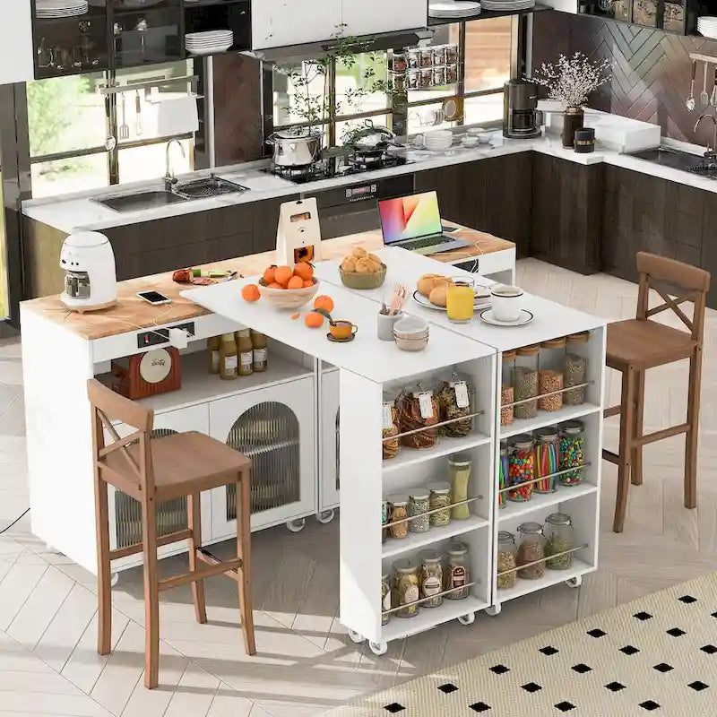 Chariot de cuisine îlot avec lumières LED, table extensible et prises électriques