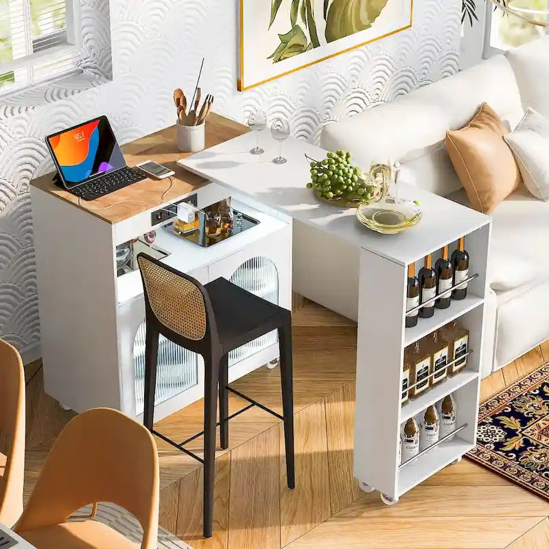 Chariot de cuisine îlot avec lumières LED, table extensible et prises électriques