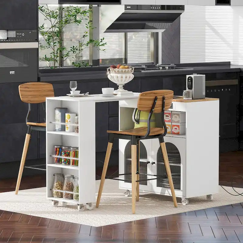 Chariot de cuisine îlot avec lumières LED, table extensible et prises électriques