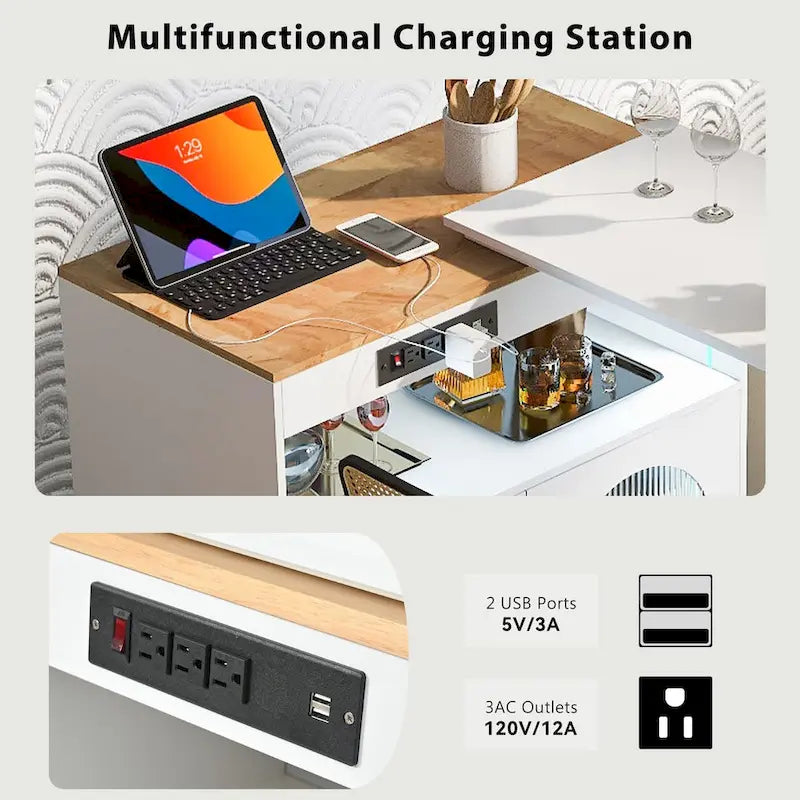 Chariot de cuisine îlot avec lumières LED, table extensible et prises électriques