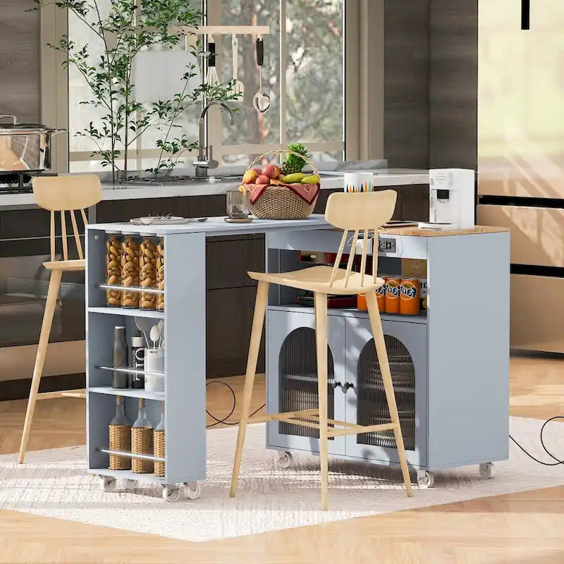 Chariot de cuisine îlot avec lumières LED, table extensible et prises électriques