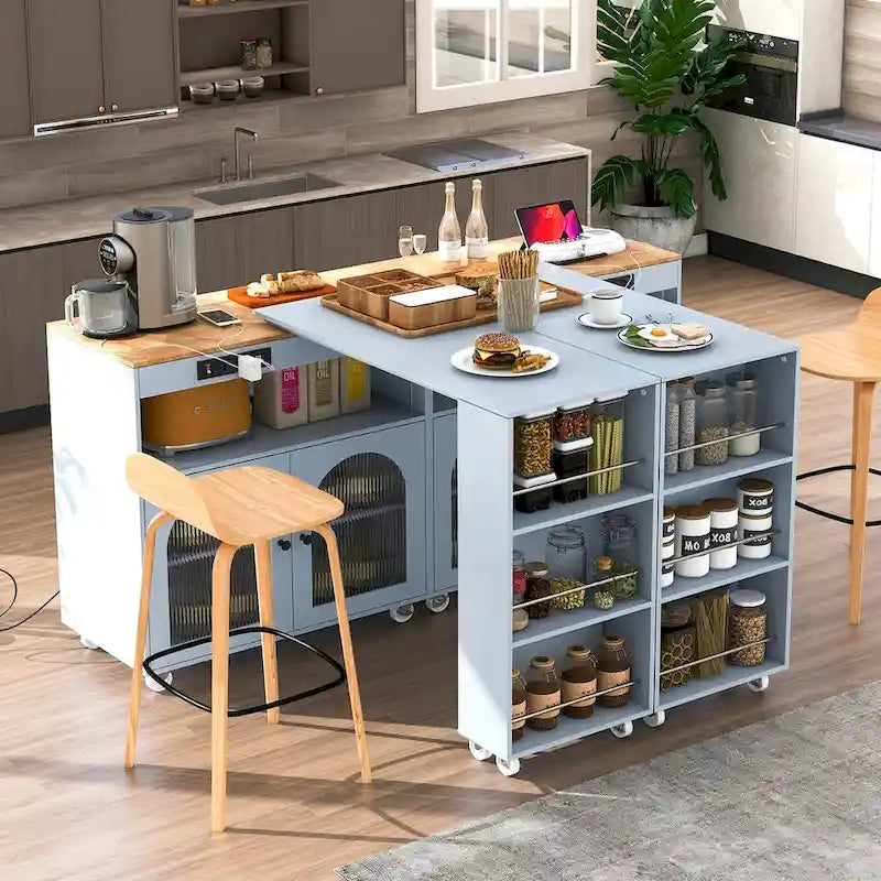 Chariot de cuisine îlot avec lumières LED, table extensible et prises électriques