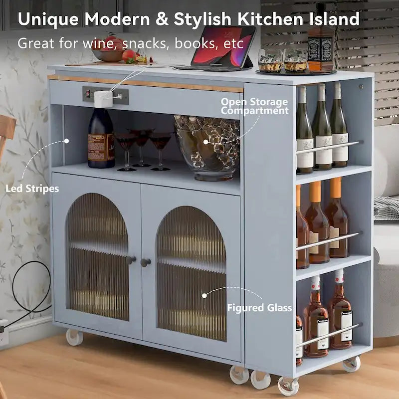 Chariot de cuisine îlot avec lumières LED, table extensible et prises électriques