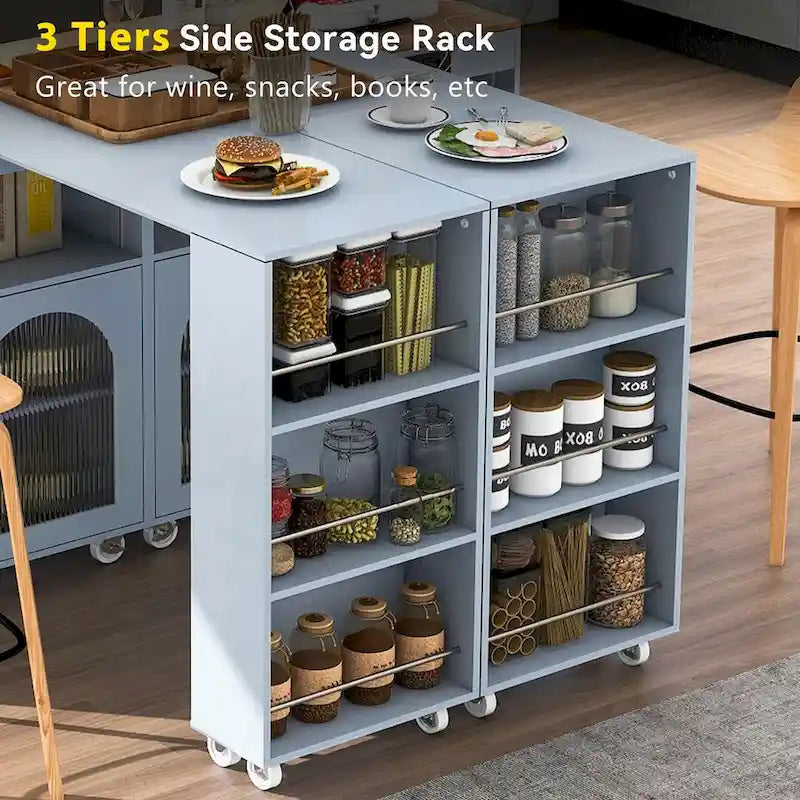 Chariot de cuisine îlot avec lumières LED, table extensible et prises électriques