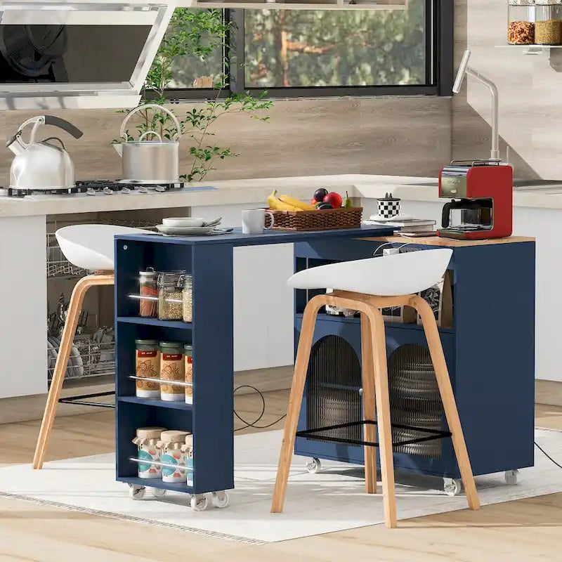 Chariot de cuisine îlot avec lumières LED, table extensible et prises électriques