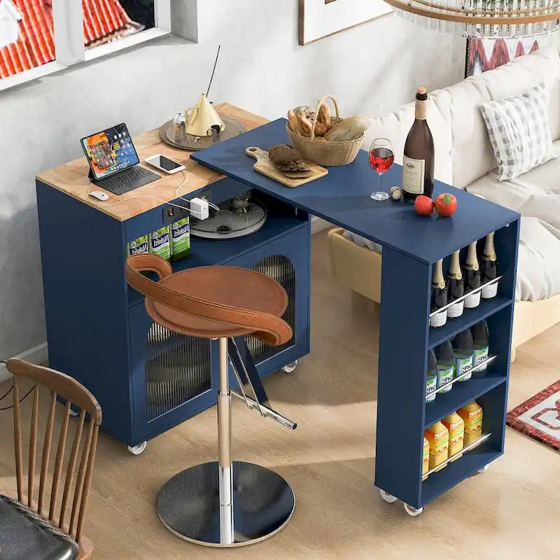 Chariot de cuisine îlot avec lumières LED, table extensible et prises électriques