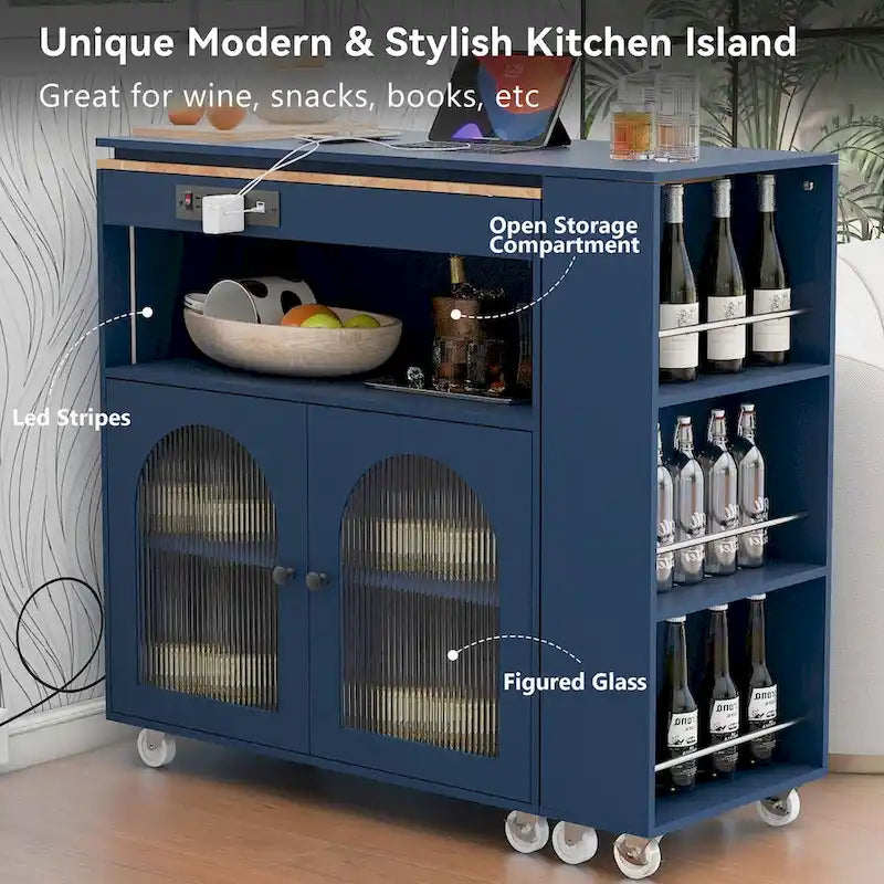 Chariot de cuisine îlot avec lumières LED, table extensible et prises électriques
