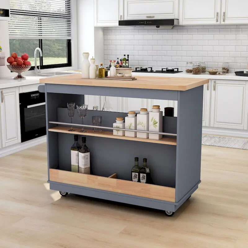 Îlot de cuisine roulant avec rangement, Chariot de cuisine réversible sur roues avec plateau en bois, casier à vin et porte-épices