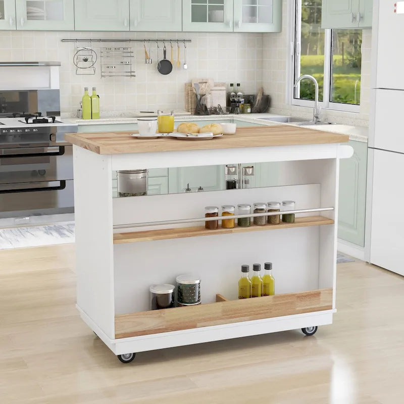 Îlot de cuisine roulant avec rangement, Chariot de cuisine réversible sur roues avec plateau en bois, casier à vin et porte-épices