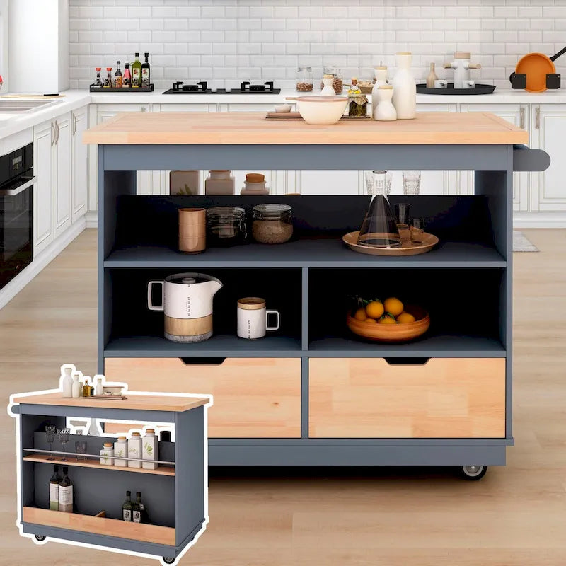 Îlot de cuisine roulant avec rangement, Chariot de cuisine réversible sur roues avec plateau en bois, casier à vin et porte-épices