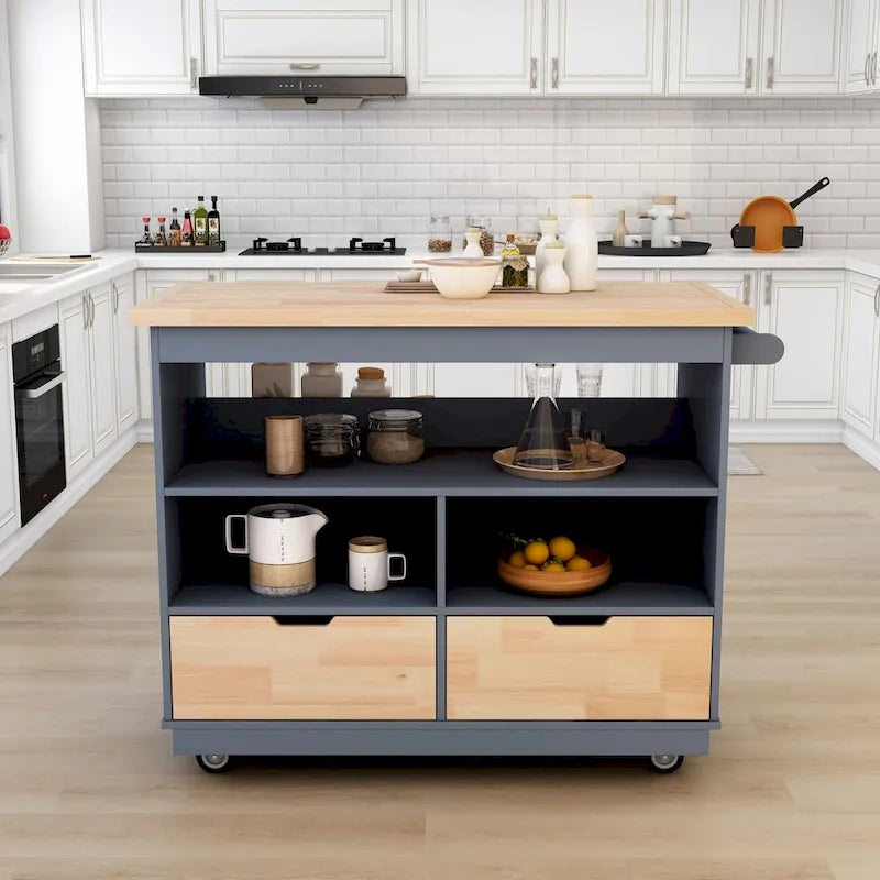 Îlot de cuisine roulant avec rangement, Chariot de cuisine réversible sur roues avec plateau en bois, casier à vin et porte-épices