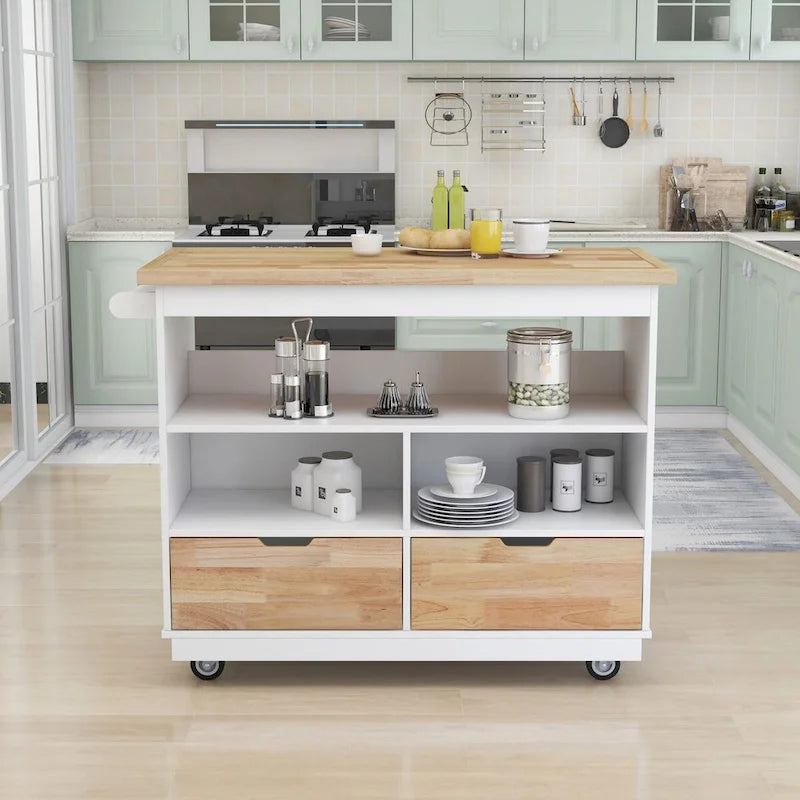 Îlot de cuisine roulant avec rangement, Chariot de cuisine réversible sur roues avec plateau en bois, casier à vin et porte-épices
