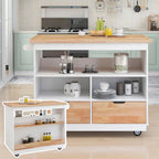Îlot de cuisine roulant avec rangement, Chariot de cuisine réversible sur roues avec plateau en bois, casier à vin et porte-épices