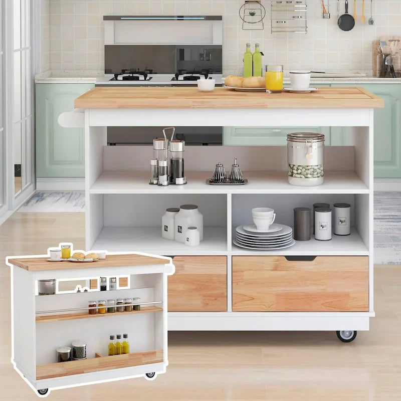 Îlot de cuisine roulant avec rangement, Chariot de cuisine réversible sur roues avec plateau en bois, casier à vin et porte-épices
