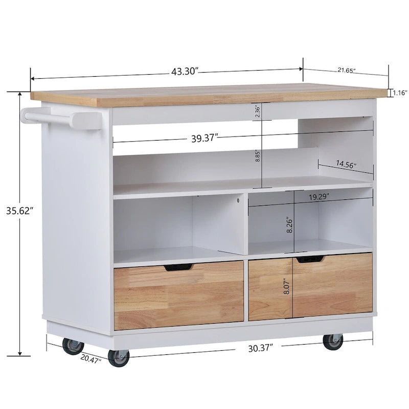 Îlot de cuisine roulant avec rangement, Chariot de cuisine réversible sur roues avec plateau en bois, casier à vin et porte-épices
