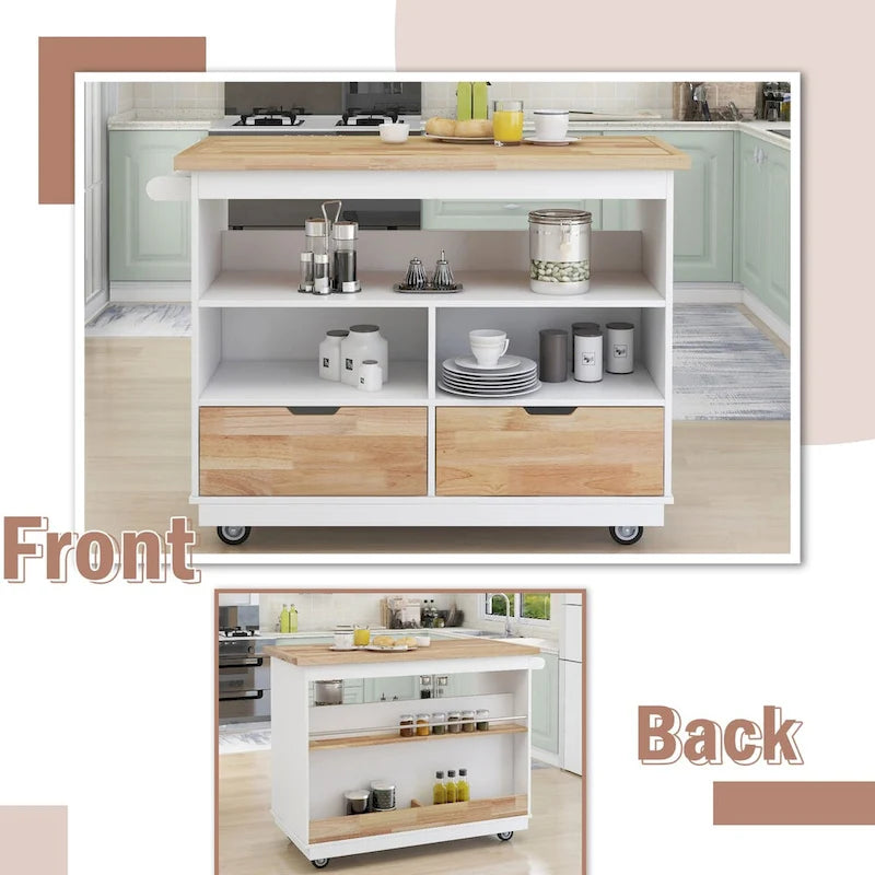 Îlot de cuisine roulant avec rangement, Chariot de cuisine réversible sur roues avec plateau en bois, casier à vin et porte-épices