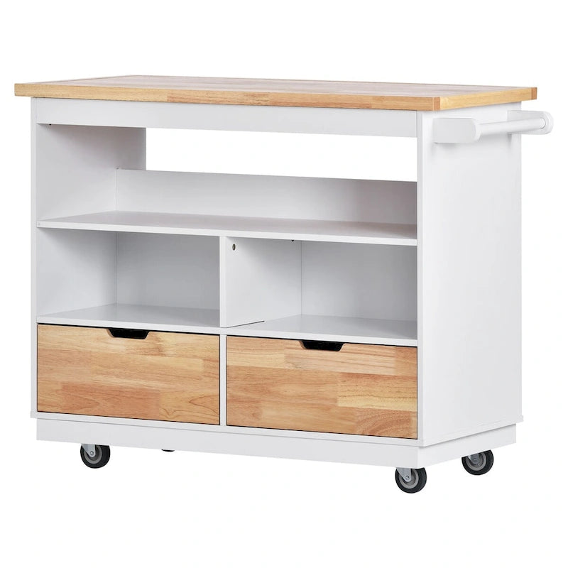 Îlot de cuisine roulant avec rangement, Chariot de cuisine réversible sur roues avec plateau en bois, casier à vin et porte-épices