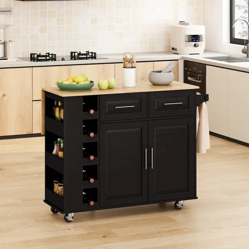Desserte îlot de cuisine avec 2 portes et 2 tiroirs et plateau pliable