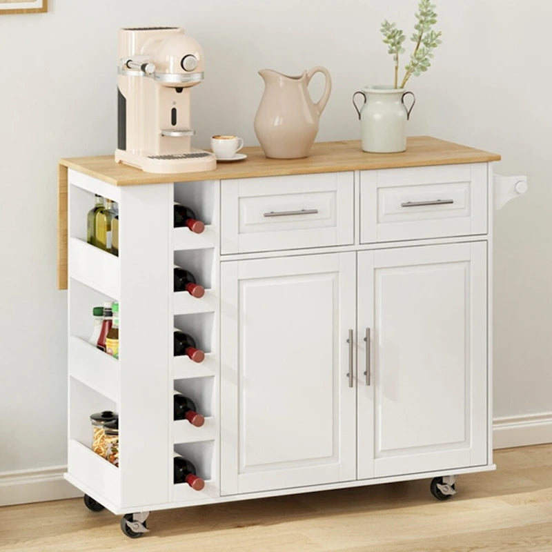 Desserte îlot de cuisine avec 2 portes et 2 tiroirs et plateau pliable