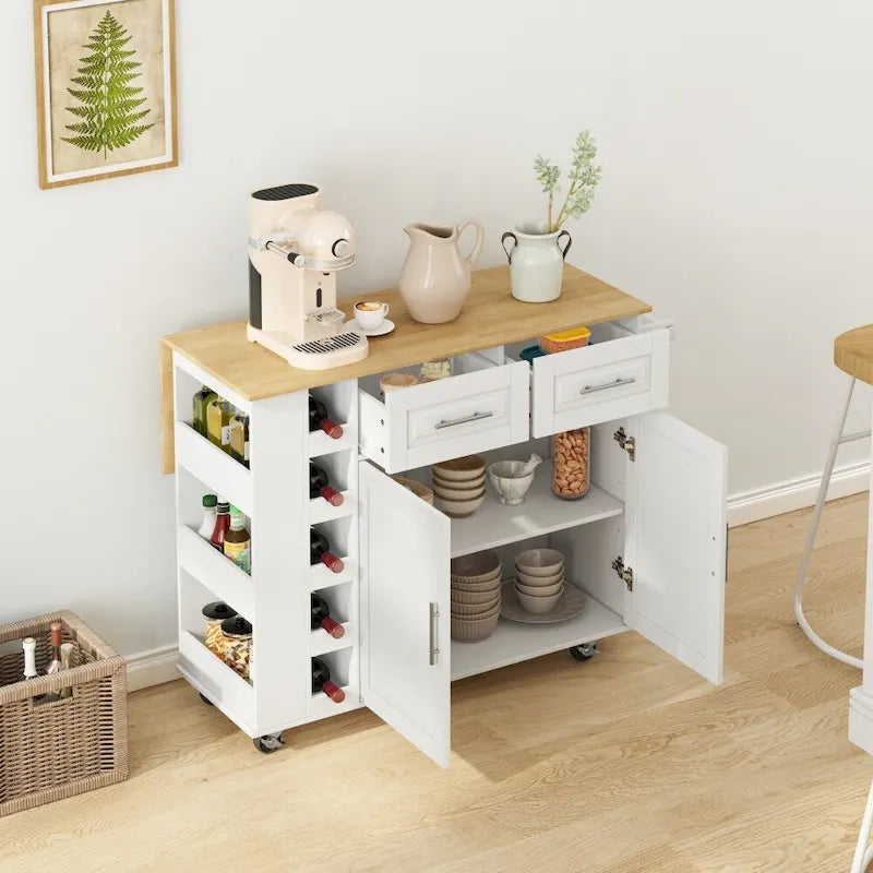 Desserte îlot de cuisine avec 2 portes et 2 tiroirs et plateau pliable