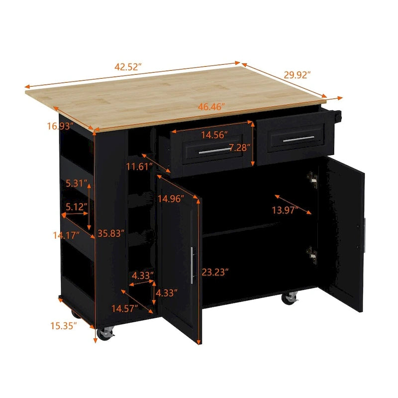 Desserte îlot de cuisine avec 2 portes et 2 tiroirs et plateau pliable