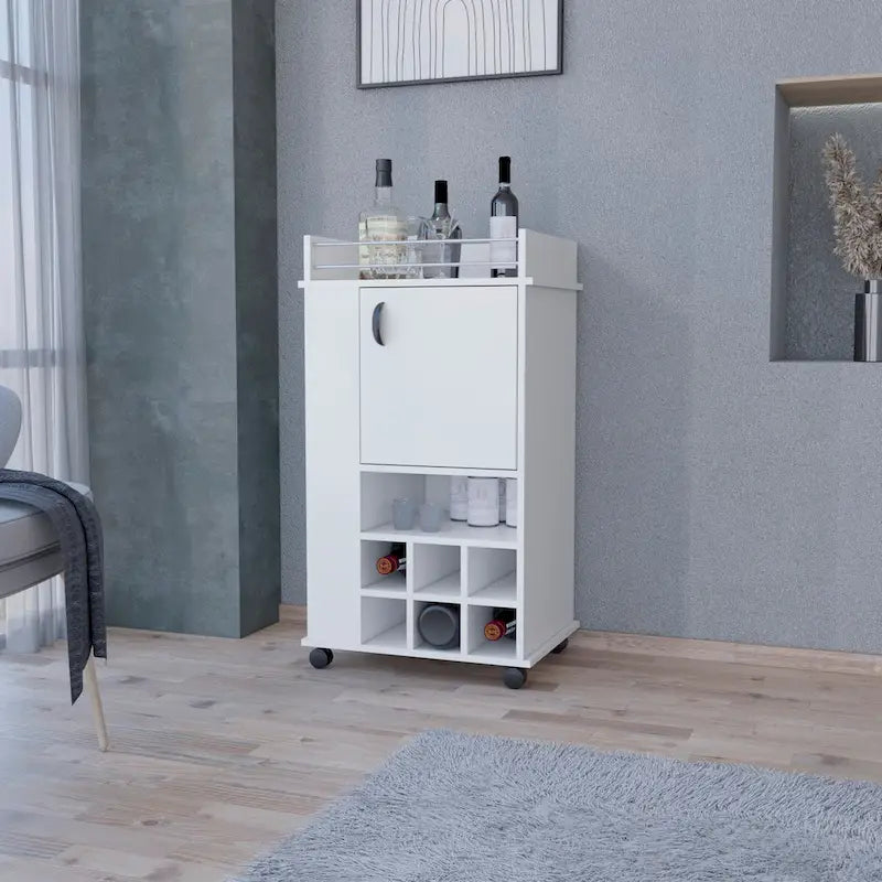 Meuble de bar à roulettes blanc avec porte et range-bouteilles