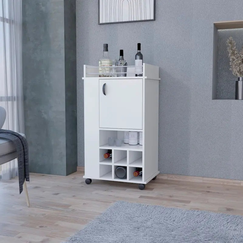 Allandale 1-Door Bar Cart with Wine Rack and Casters White