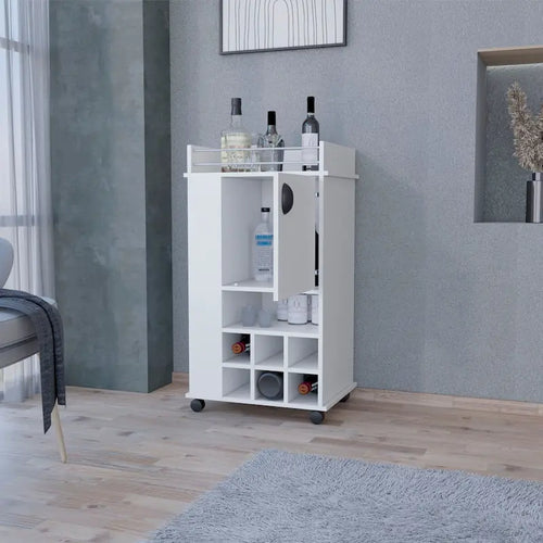 Meuble de bar à roulettes blanc avec porte et range-bouteilles