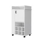 Meuble de bar à roulettes blanc avec porte et range-bouteilles