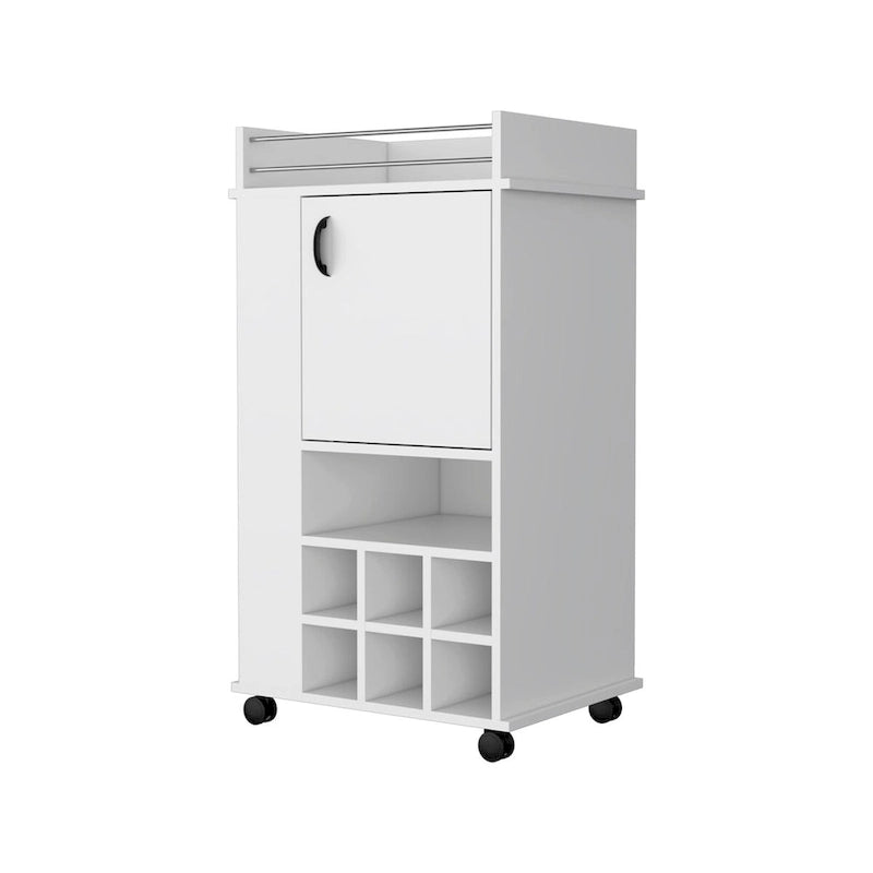 Meuble de bar à roulettes blanc avec porte et range-bouteilles