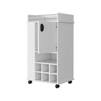 Meuble de bar à roulettes blanc avec porte et range-bouteilles