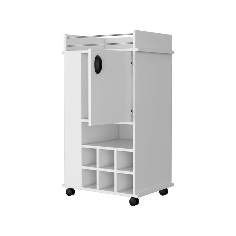 Meuble de bar à roulettes blanc avec porte et range-bouteilles