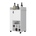 Meuble de bar à roulettes blanc avec porte et range-bouteilles