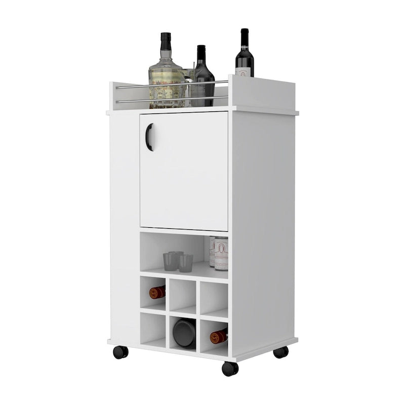 Meuble de bar à roulettes blanc avec porte et range-bouteilles