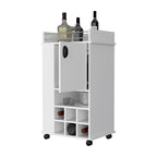Meuble de bar à roulettes blanc avec porte et range-bouteilles