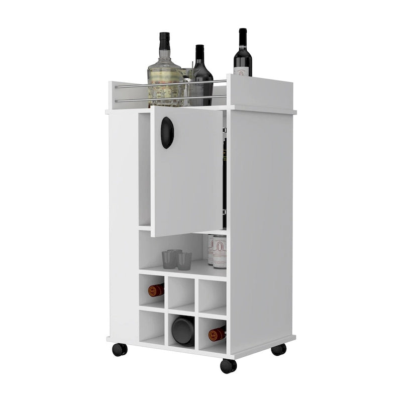 Meuble de bar à roulettes blanc avec porte et range-bouteilles