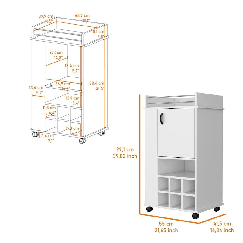 Meuble de bar à roulettes blanc avec porte et range-bouteilles