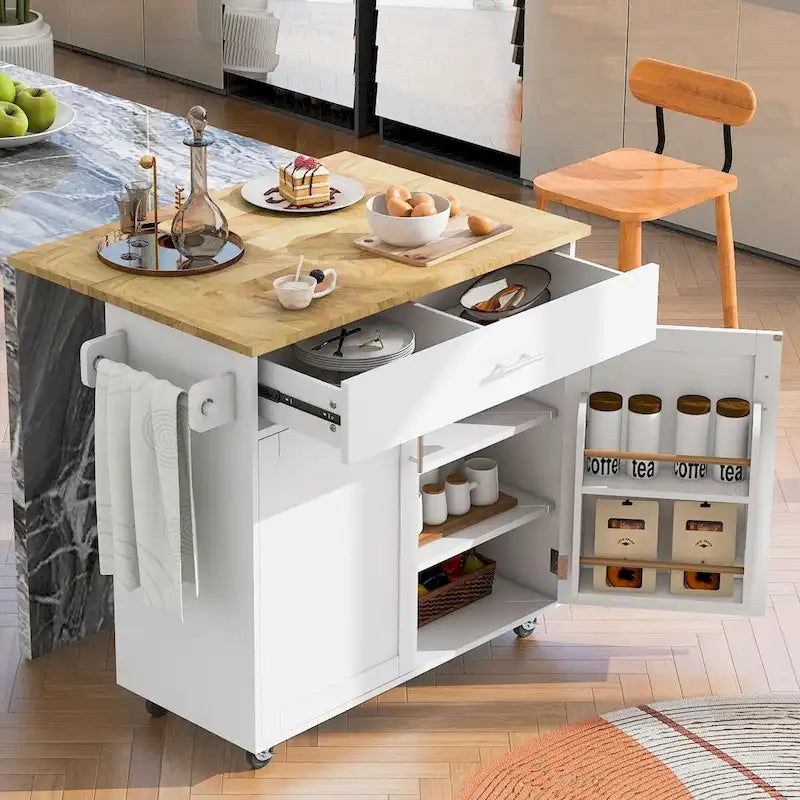 Îlot de cuisine avec plateau en bois d'hévéa, tiroir spacieux, étagère de rangement interne, roulettes