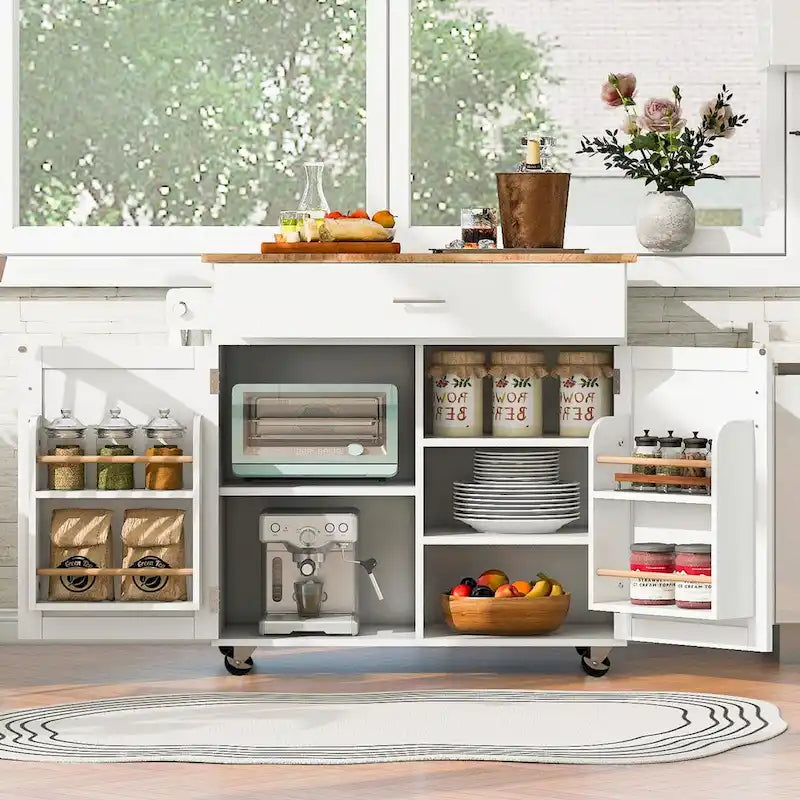 Îlot de cuisine avec plateau en bois d'hévéa, tiroir spacieux, étagère de rangement interne, roulettes