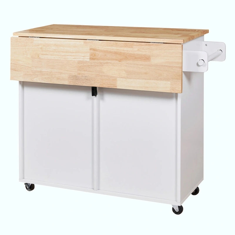 Îlot de cuisine avec plateau en bois d'hévéa, tiroir spacieux, étagère de rangement interne, roulettes